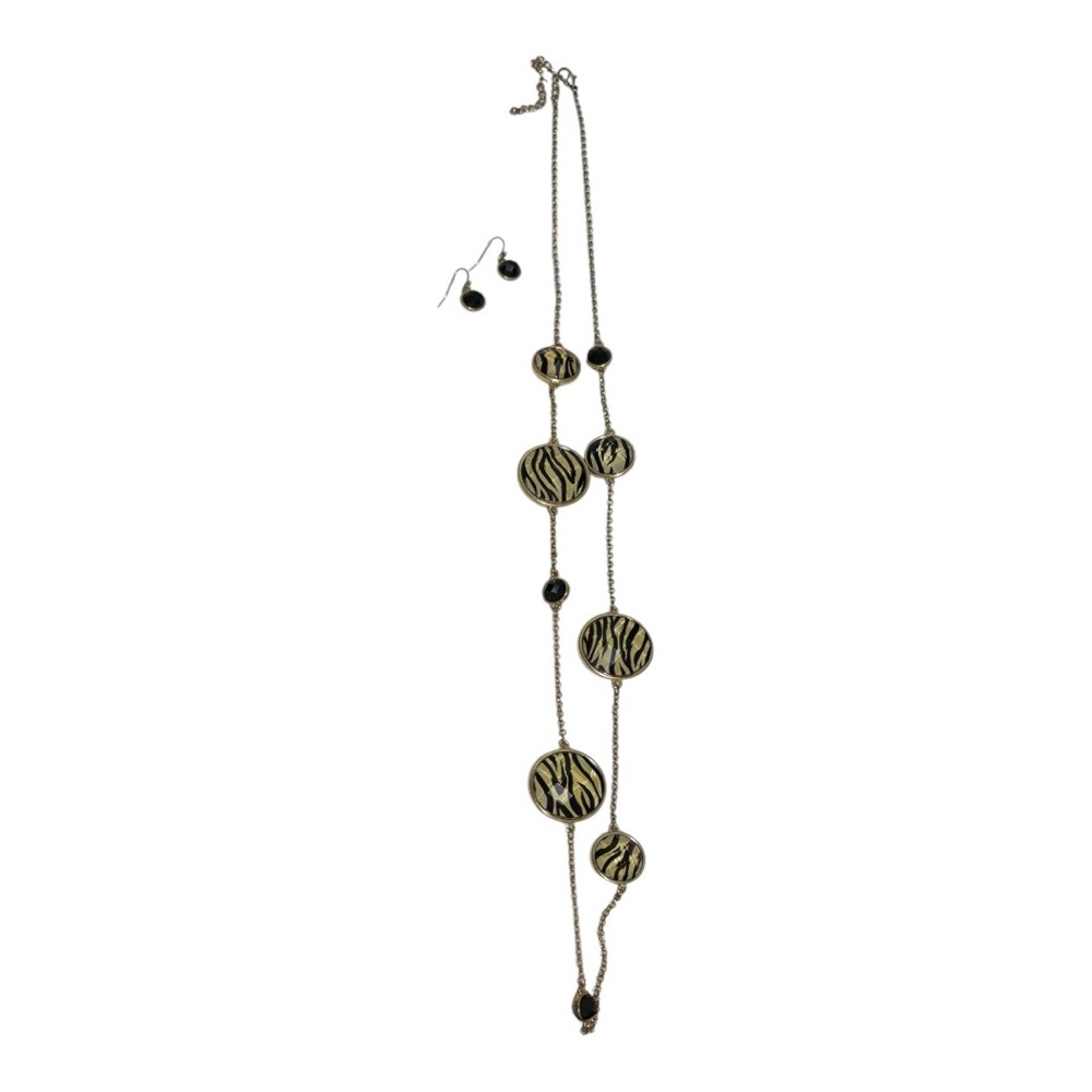 Long Necklace with Big/Medium/Small Oval Shaped Disc and Earring Set Gold-Toned